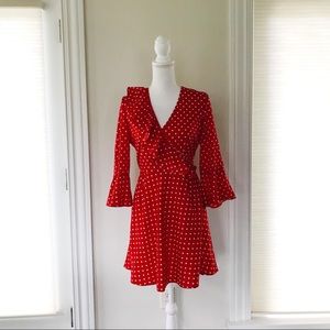 Red and White Faux Wrap Polka Dot Dress